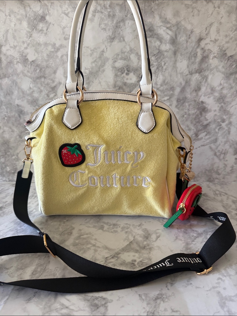 Juicy Couture Yellow Satchel with Strawberry Patch and White Handles